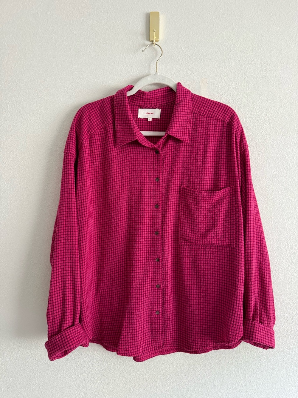 Xirena woven button-front textured shirt fuchsia pink check pattern Sz M